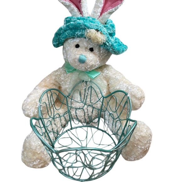 NWT Plush Easter Bunny w/ Pearlized Aqua Painted Wire Basket - Picture 2 of 6